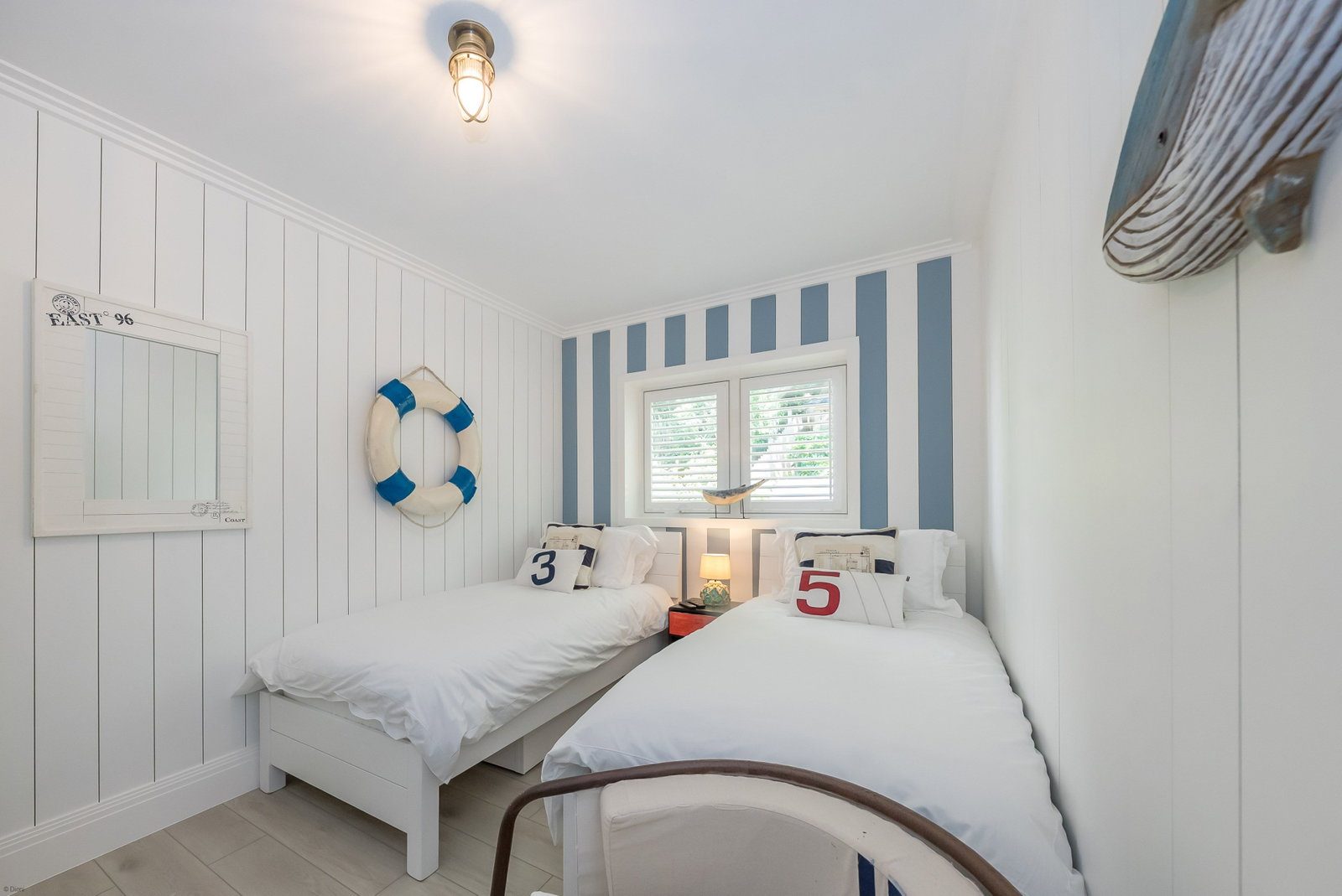 Twin room with two single beds and blue striped wall
